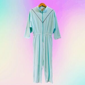 Vintage 80s Velour Jumpsuit Pastel Robins Egg Blue Retro Romper Dolman Sleeve